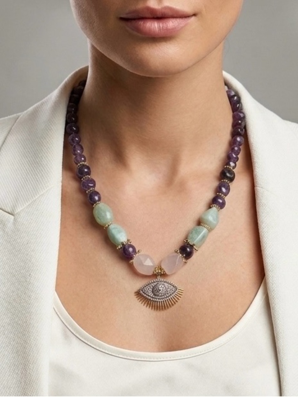 Pink Quartz Handcrafted Necklace with Devil Eye Pendant